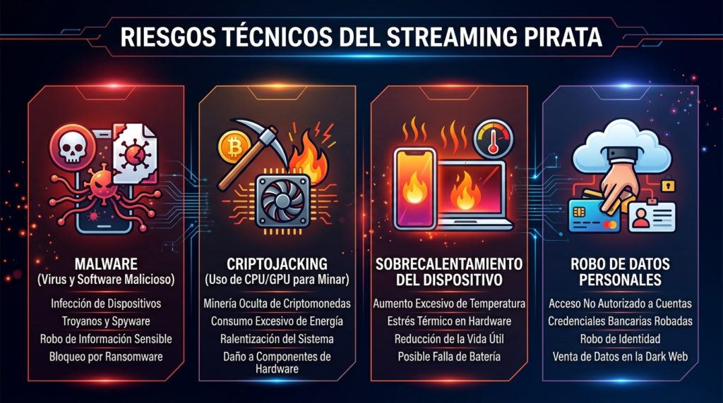 infografia para ¿Qué riesgos técnicos tiene usar streaming pirata en tu dispositivo